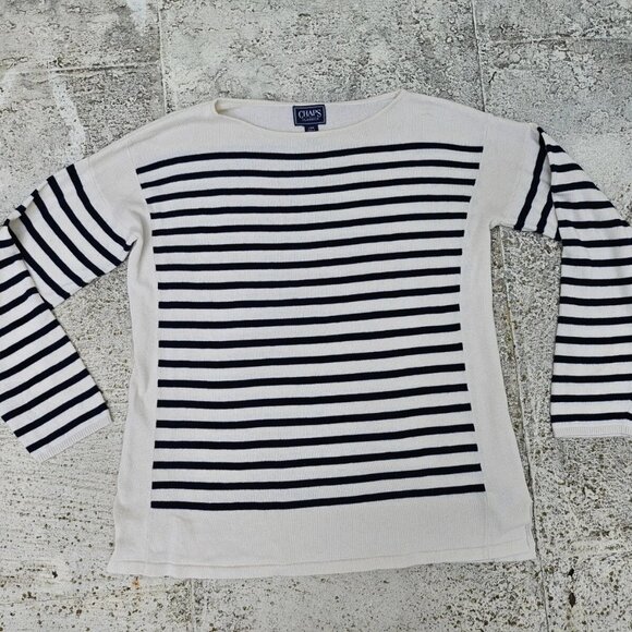 Chaps Classic Women Sweater Long Sleeve Crew Neck Blue Striped Sweatshirt Size L - Picture 1 of 8